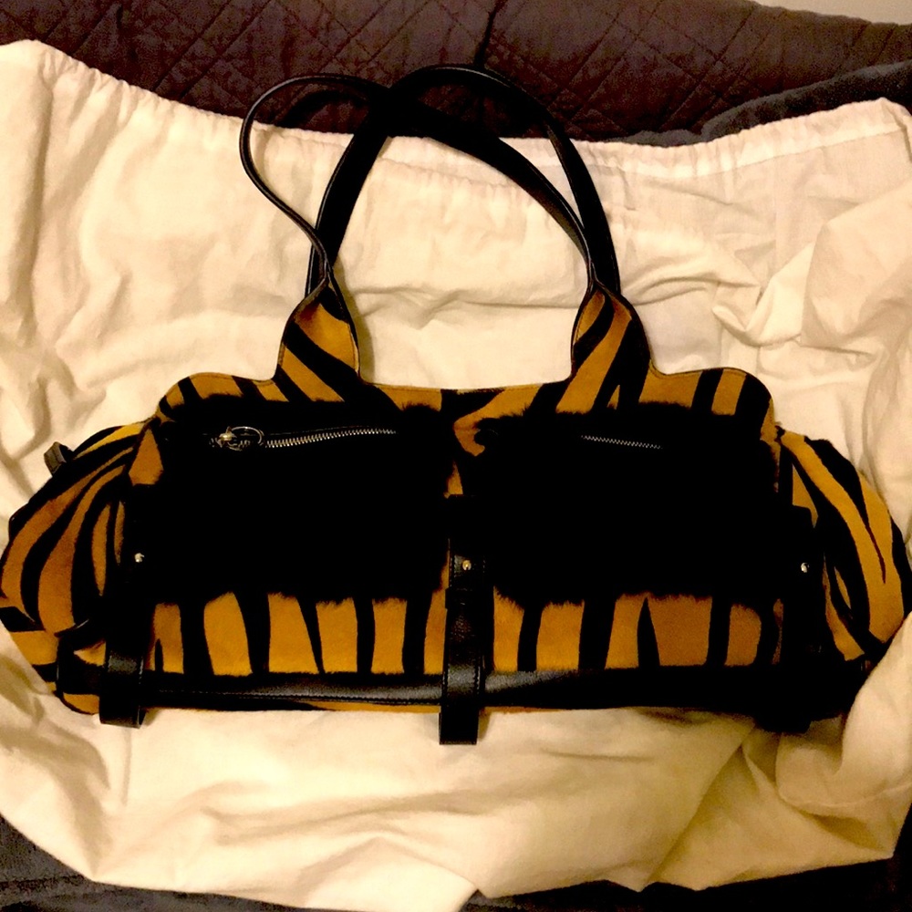 Large Salvatore Ferragamo bag. Black and brown. Animal hair. Dyed Zebra stripes.